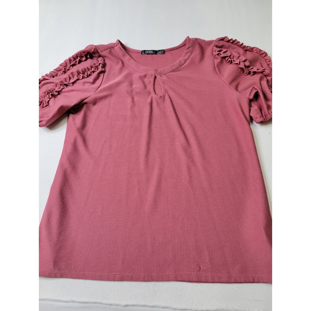 Cure Womens Large Pink Waffle Knit Ruffle Sleeve Keyhole Neck Blouse Top 1227